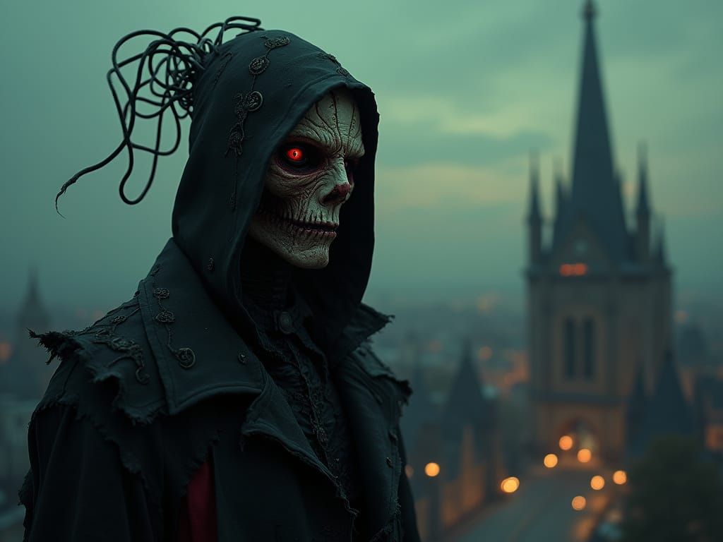 Ethereal Horror Figure Emerges from Darkened Gothic Cityscap...