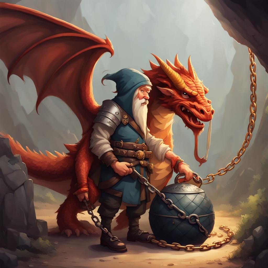 A dwarft holding a dragon by a chain on the neck from a safe distance.