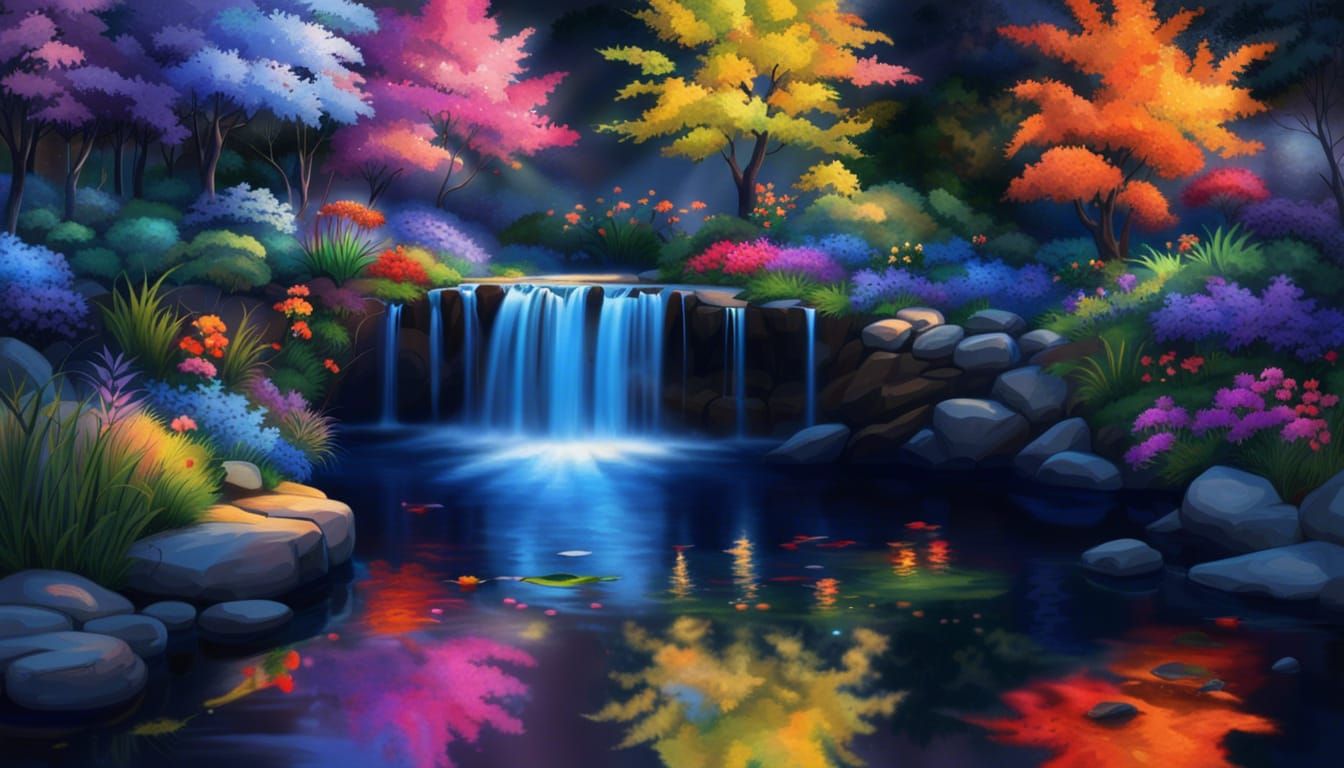 Hyperrealistic Waterfall Gazebo in a Colorful Paradise
