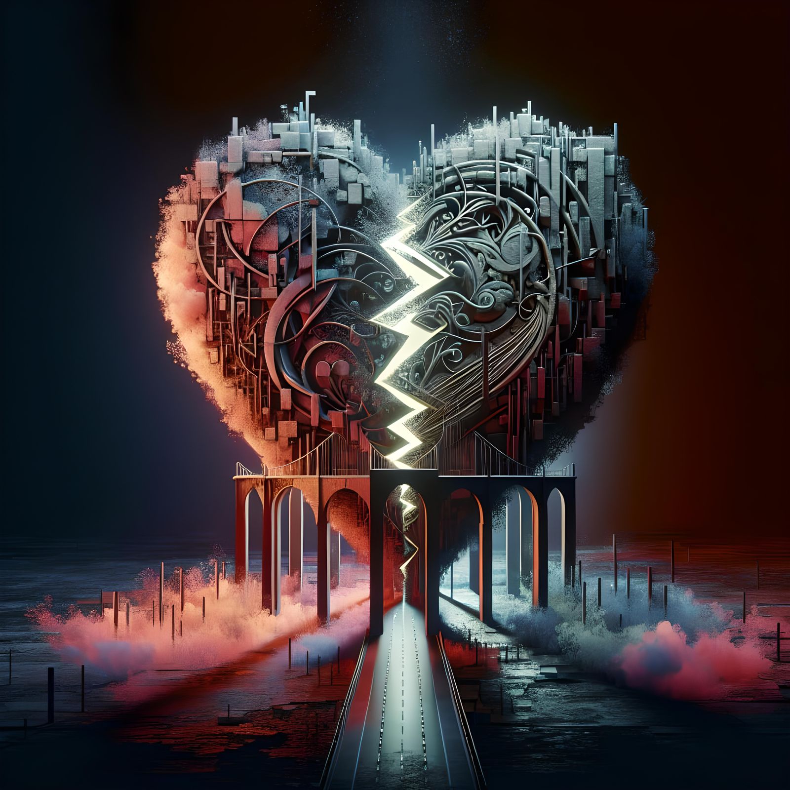 Heart and Broken Bridge: Hyperrealistic Concept Art