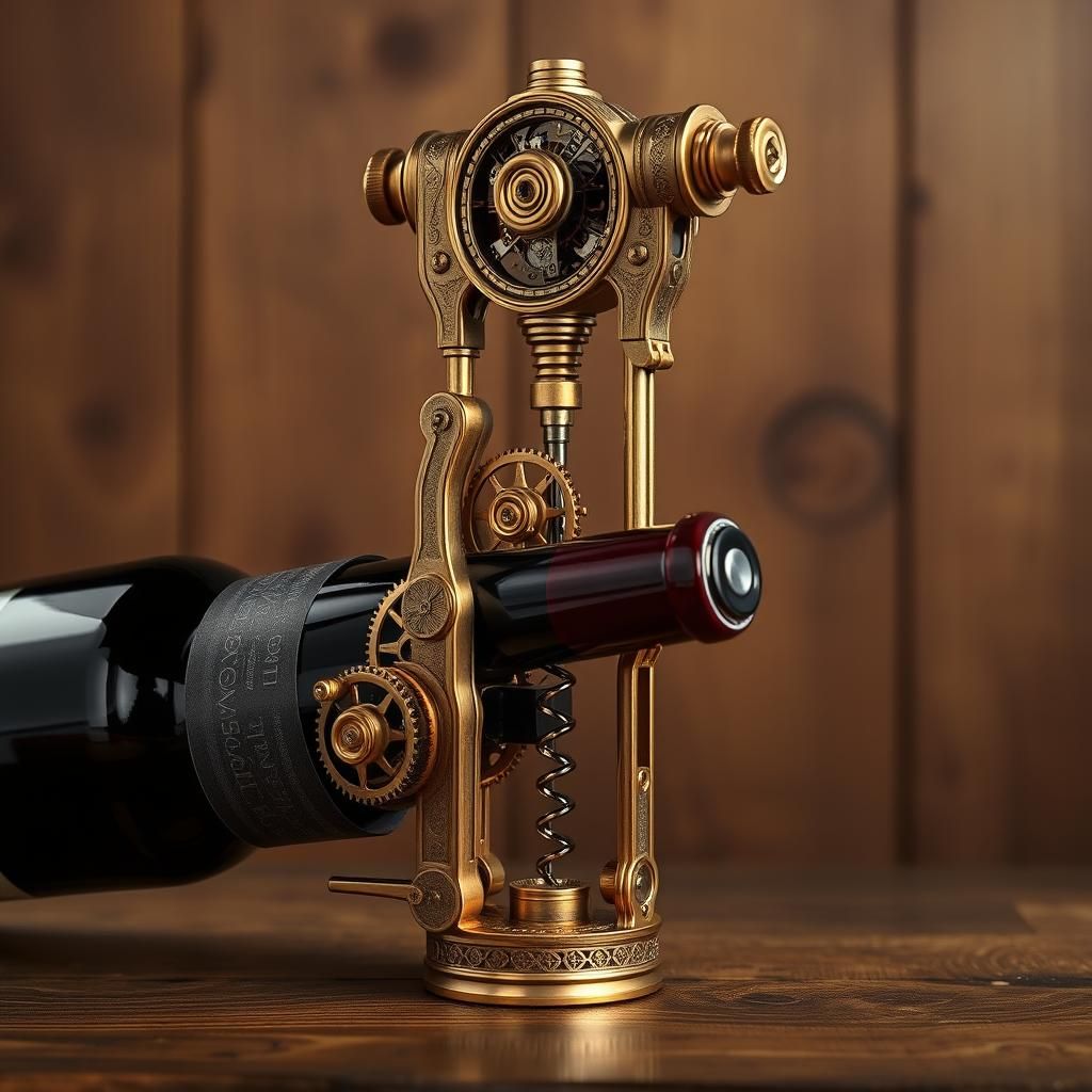 Steampunk Corkscrew Opens Wine Bottle with Clockwork Gears
