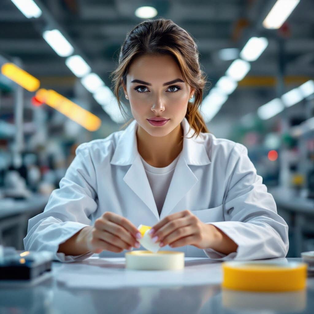 Woman Applies Tape in High-Tech Lab, Photorealistic Style