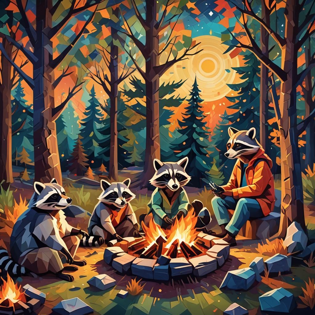 Cubist Campfire Gathering Under Starry Sky