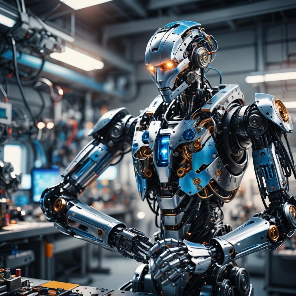 Robot Self-Repair in Futuristic Lab, Concept Art