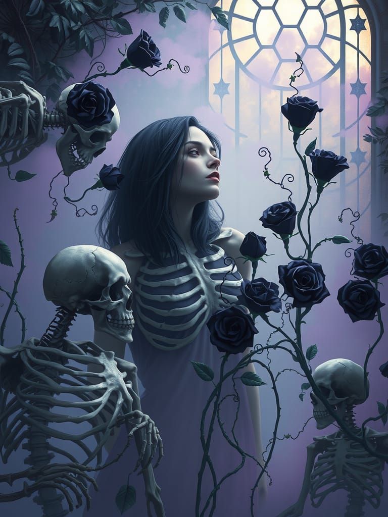 Dreamlike Garden of Blooming Skeletons in Dark Fantasy Style
