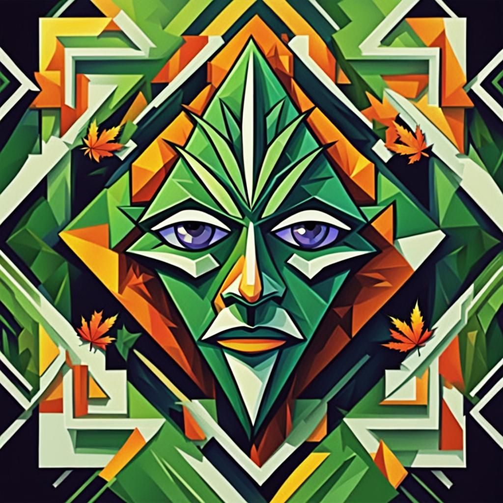 Spooky Marijuana Leaf Logo in Cubist Art Deco Style