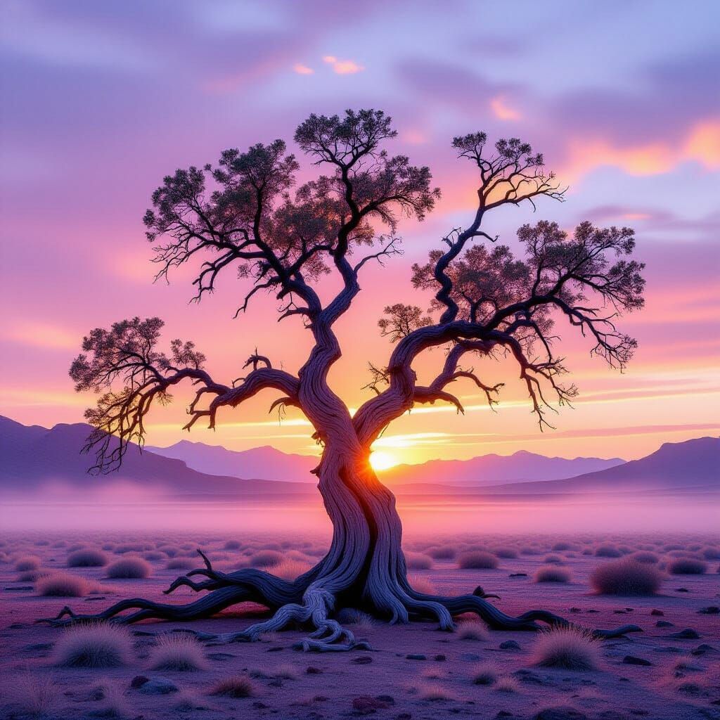 Ancient Gnarled Tree in Misty Desert at Dawn