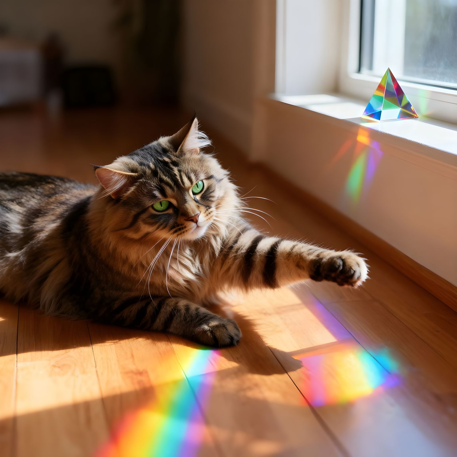 Cat Chasing Light Rays from Window Prism