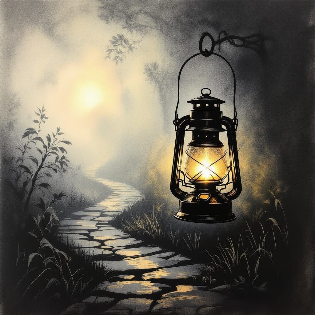 Ancient Lantern Guides Hopeful Path in Mist