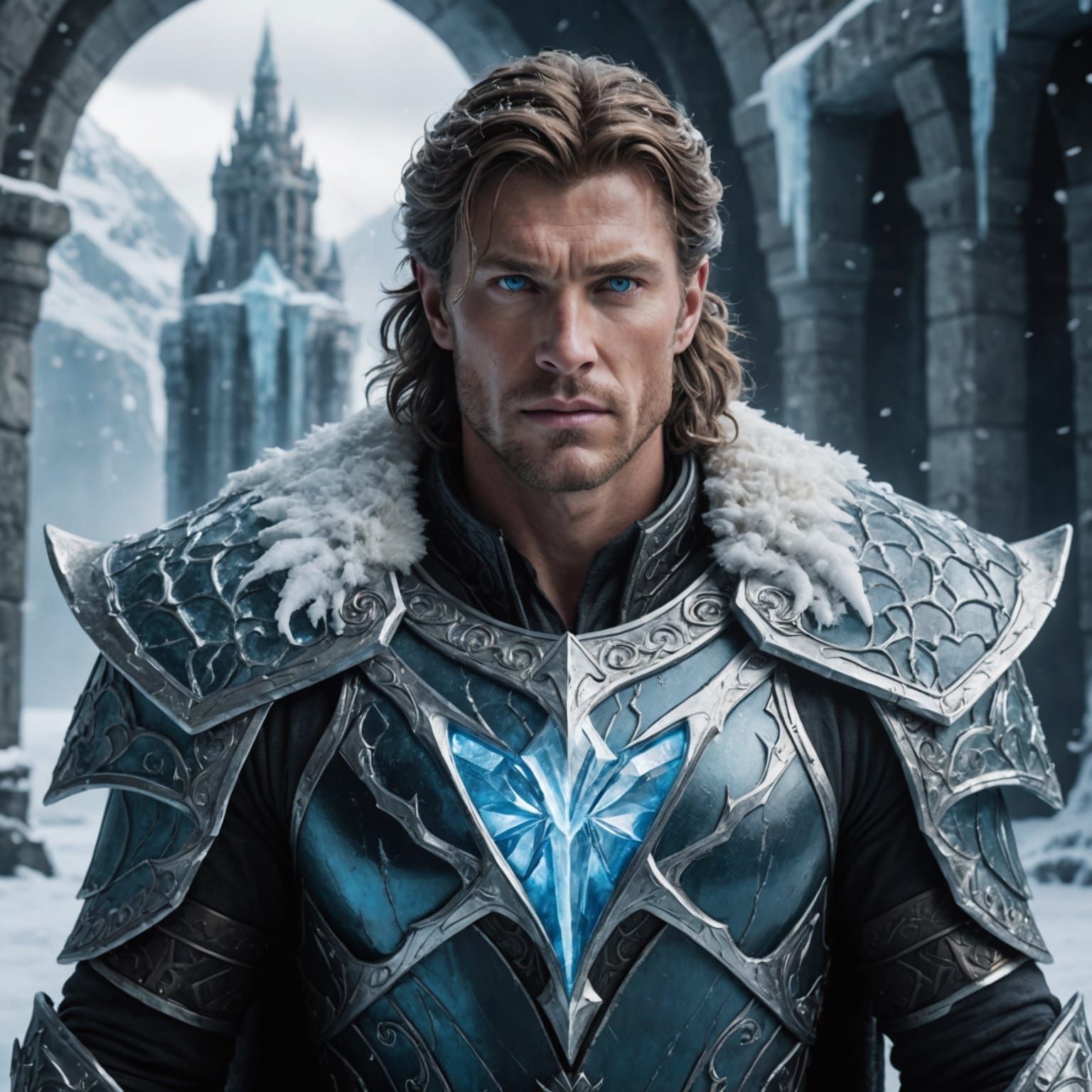 Ice Warlock in Frozen Fortress: Photorealistic Wide Shot