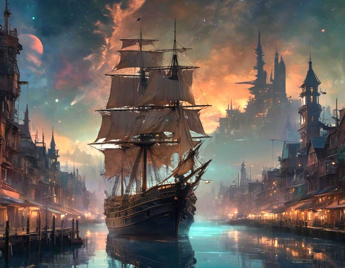 Enchanted Sailboat on Aetherpunk Harbor: Digital Art