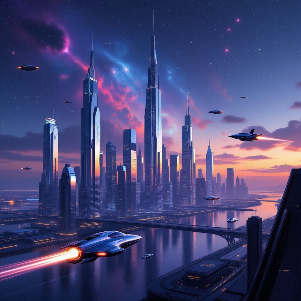 Futuristic City Skyline at Twilight in Hyperrealistic Detail