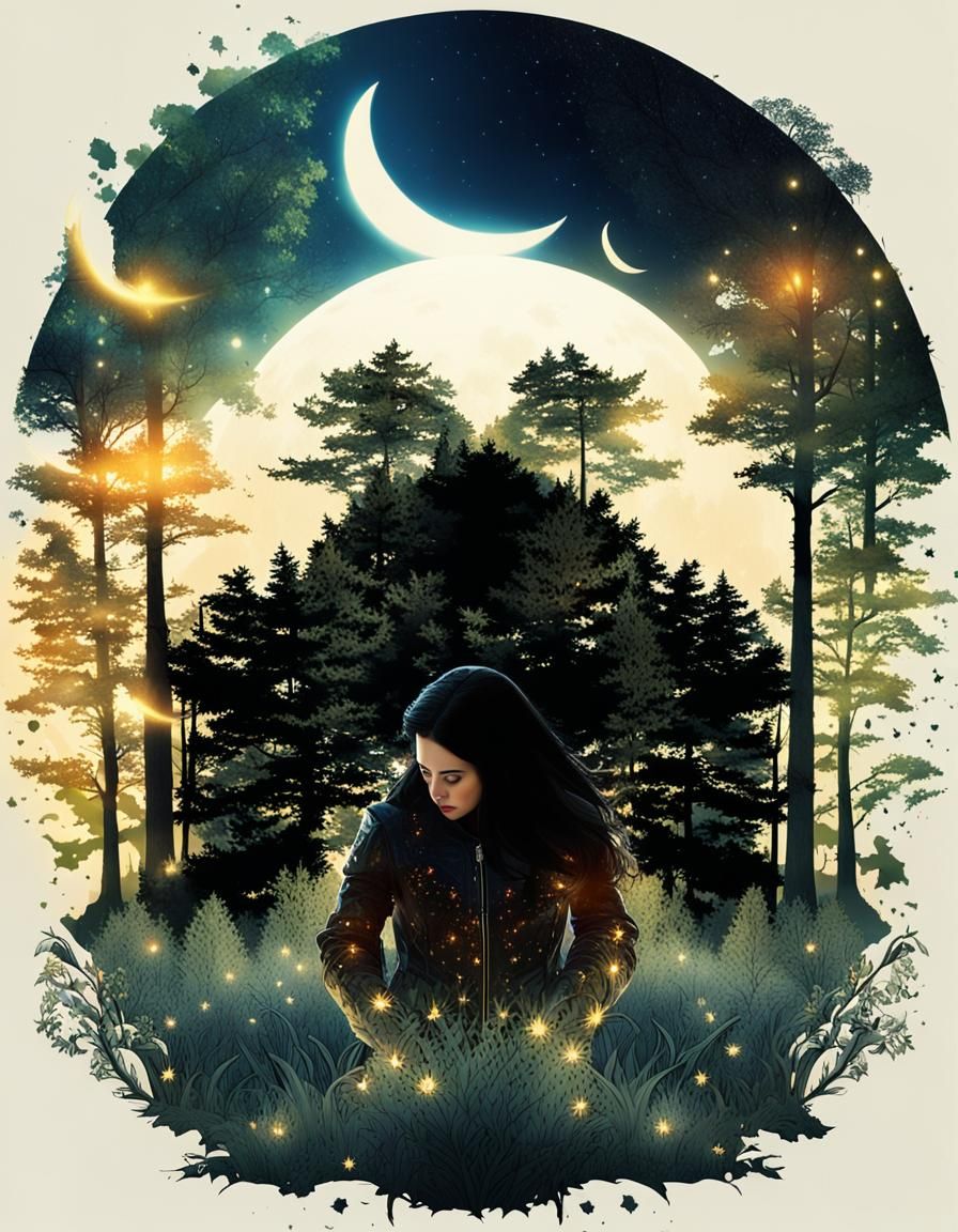 Surreal Dark Fantasy: Woman Between Sun and Moon