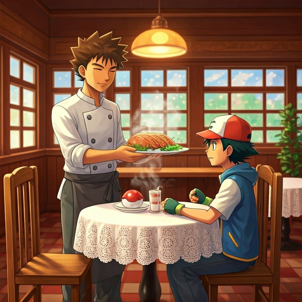Pokémon Chef Brock Serves Ash in a Cozy Restaurant Scene