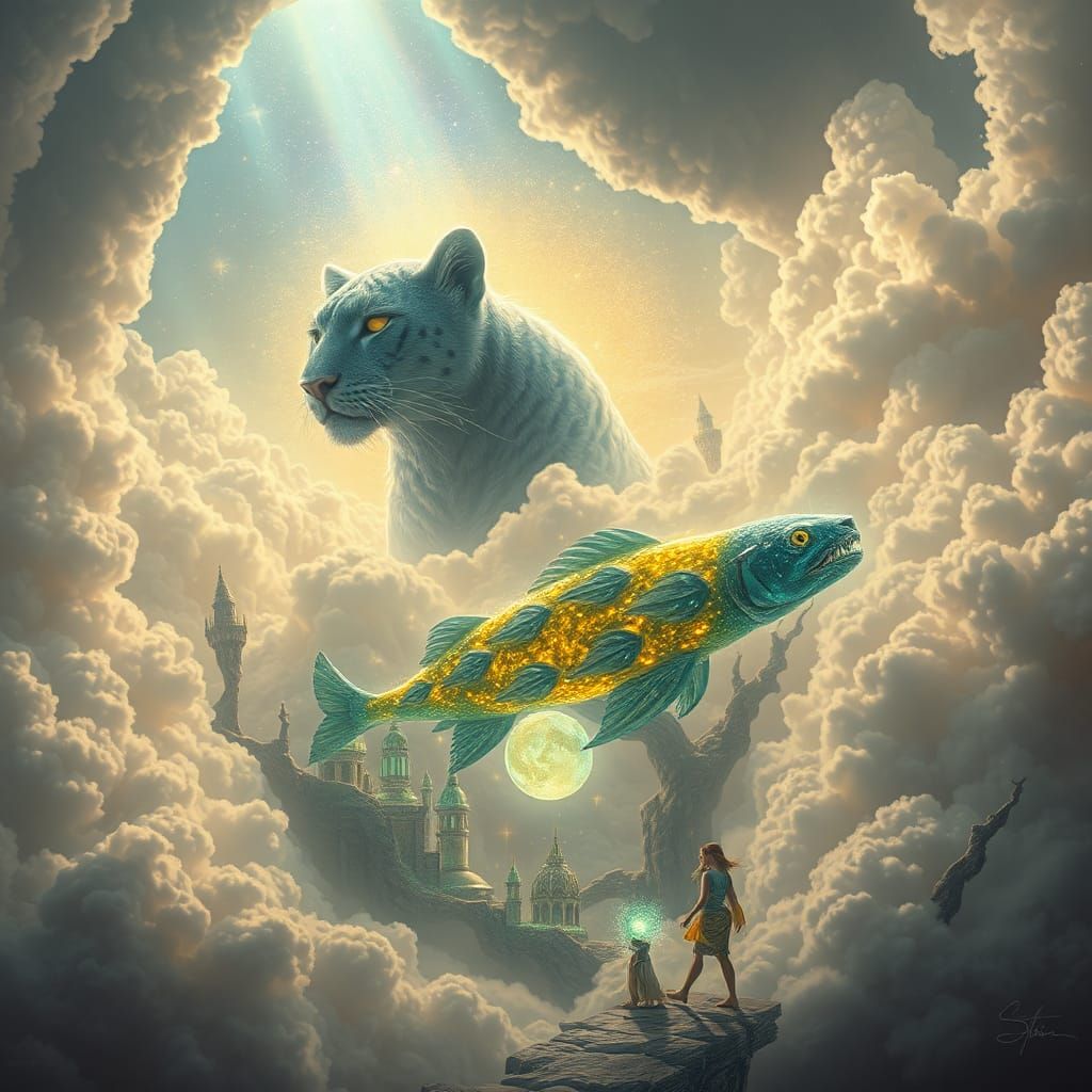 Dreamlike Scene of Star Grazer God and Sky Panther