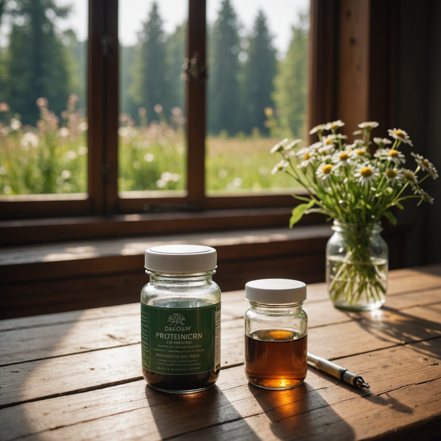 Sunlit Medicine on Wooden Table, Professional Photography
