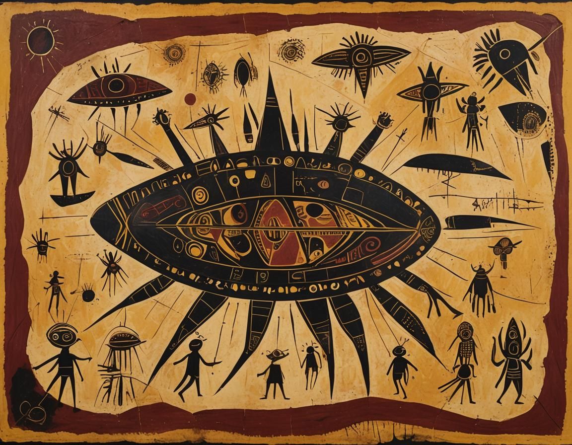 Cave Painting of Alien Spaceship in Aboriginal Art Style