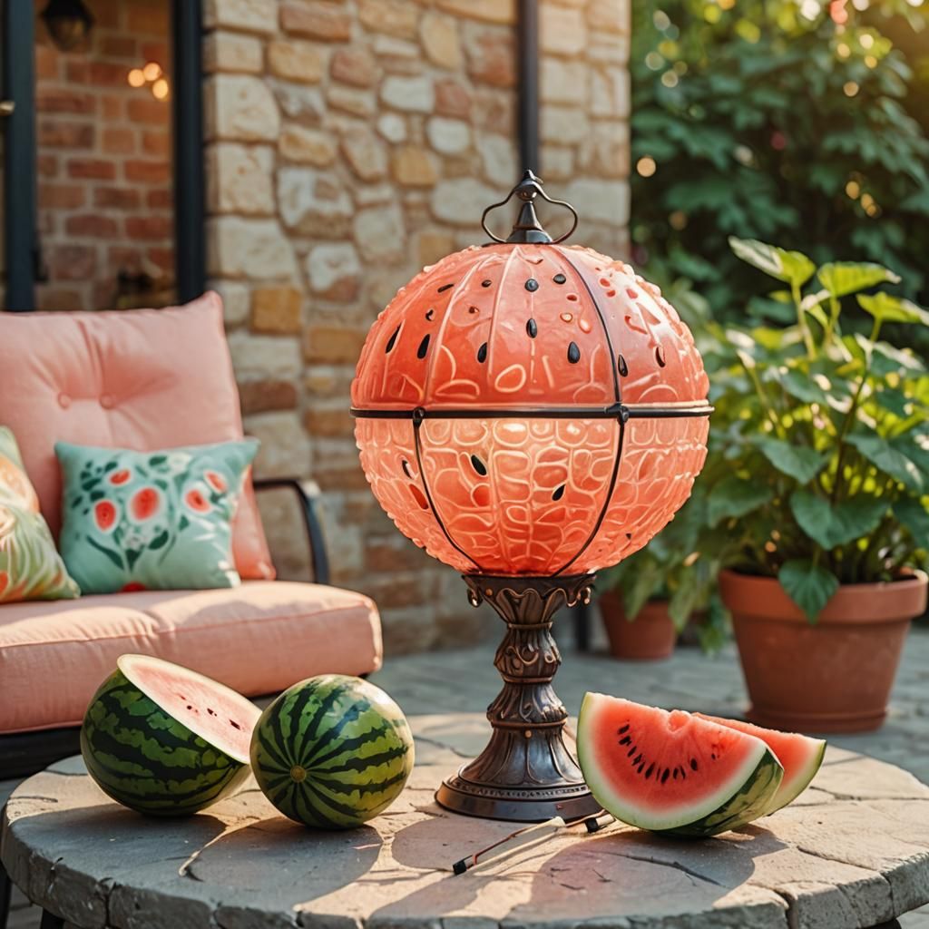Whimsical Watermelon Lamp on Summer Patio