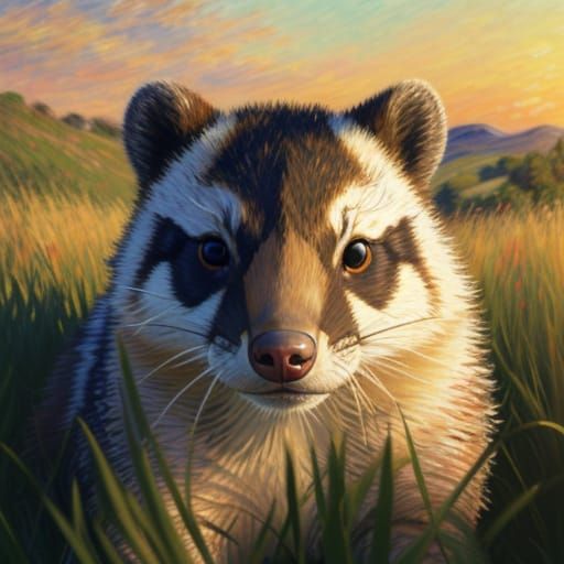 An American badger in the grass in Point Reyes National Seashore, California, with the Pacific in the distance. warm col...