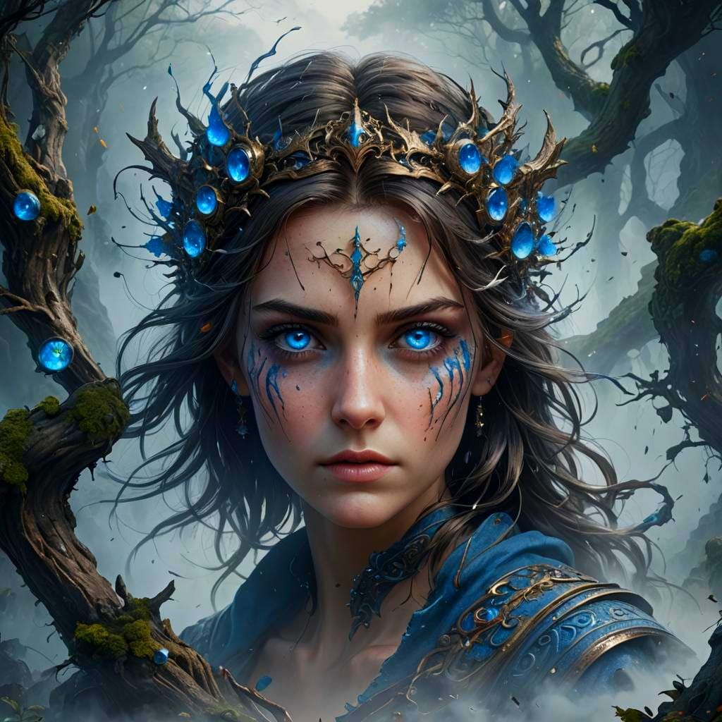 Ethereal Blue-Eyed Warrior in Mystic Fog
