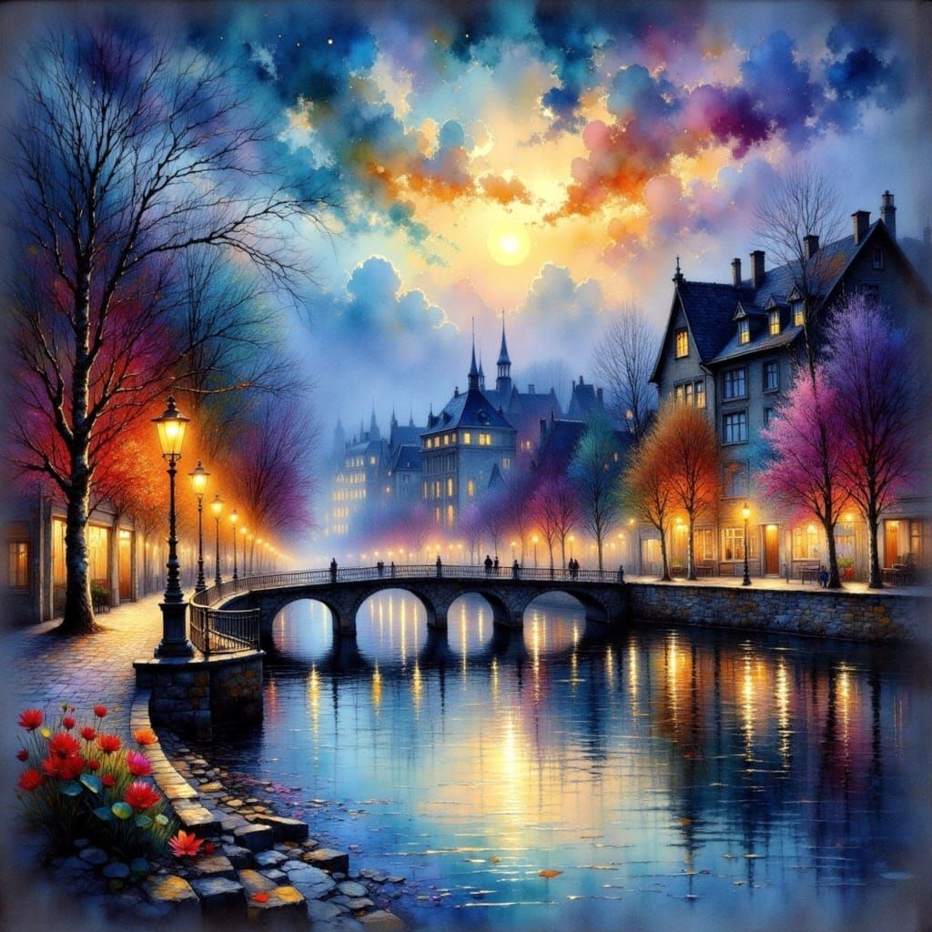 Autumn Cityscape by River in Impressionist Style