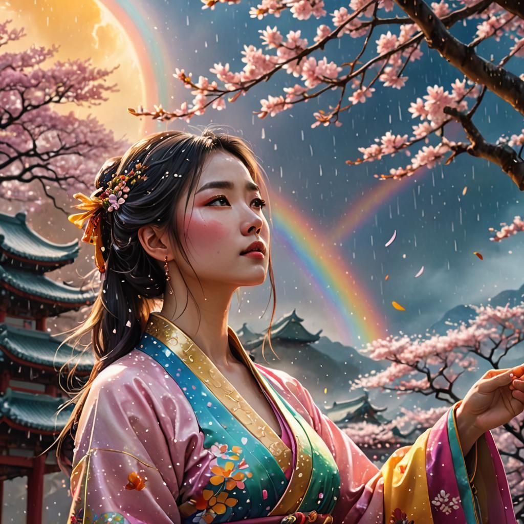 A beautiful girl is looking up at the rainbow sky,
Sakura ra...