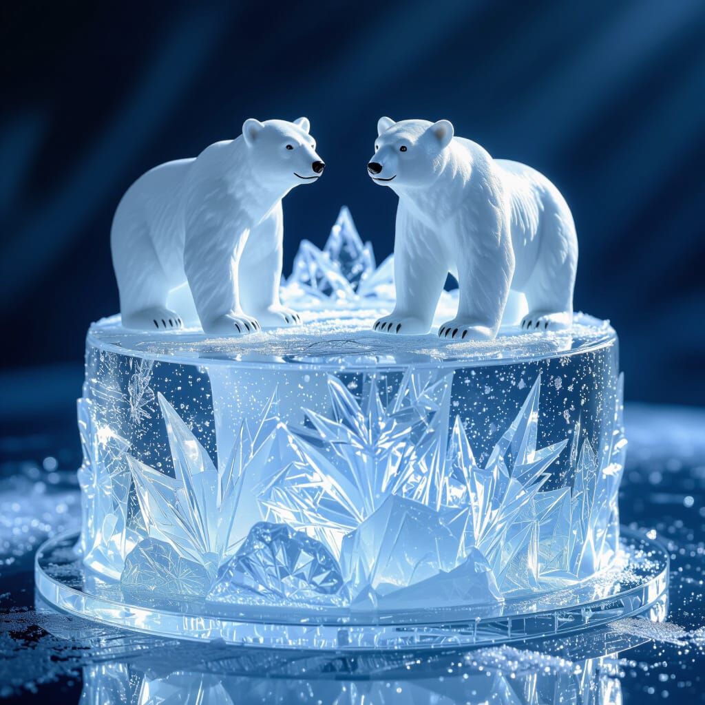 Transparent Ice Cake with Polar Bears in Ethereal Light
