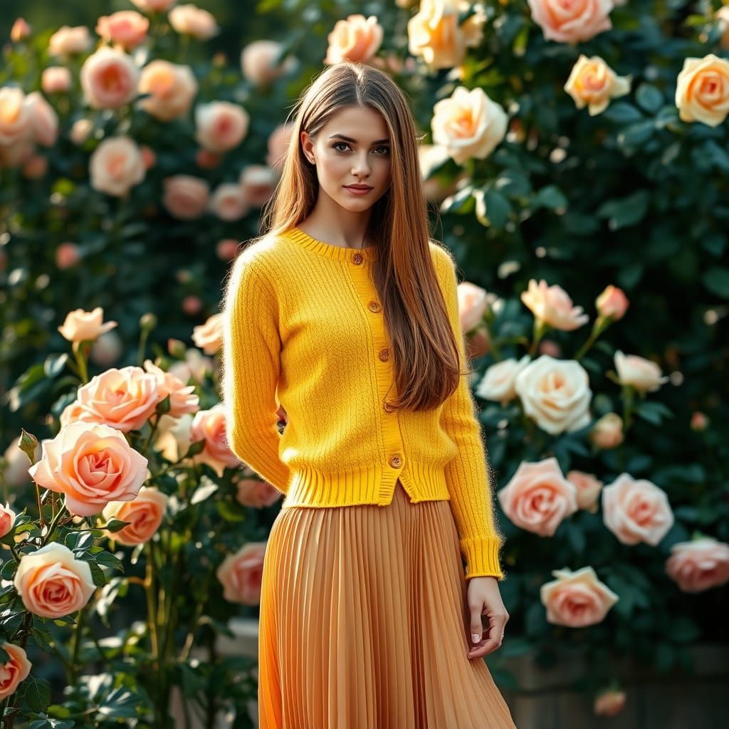 Elegant Lady in Yellow Posing in a Rose Garden
