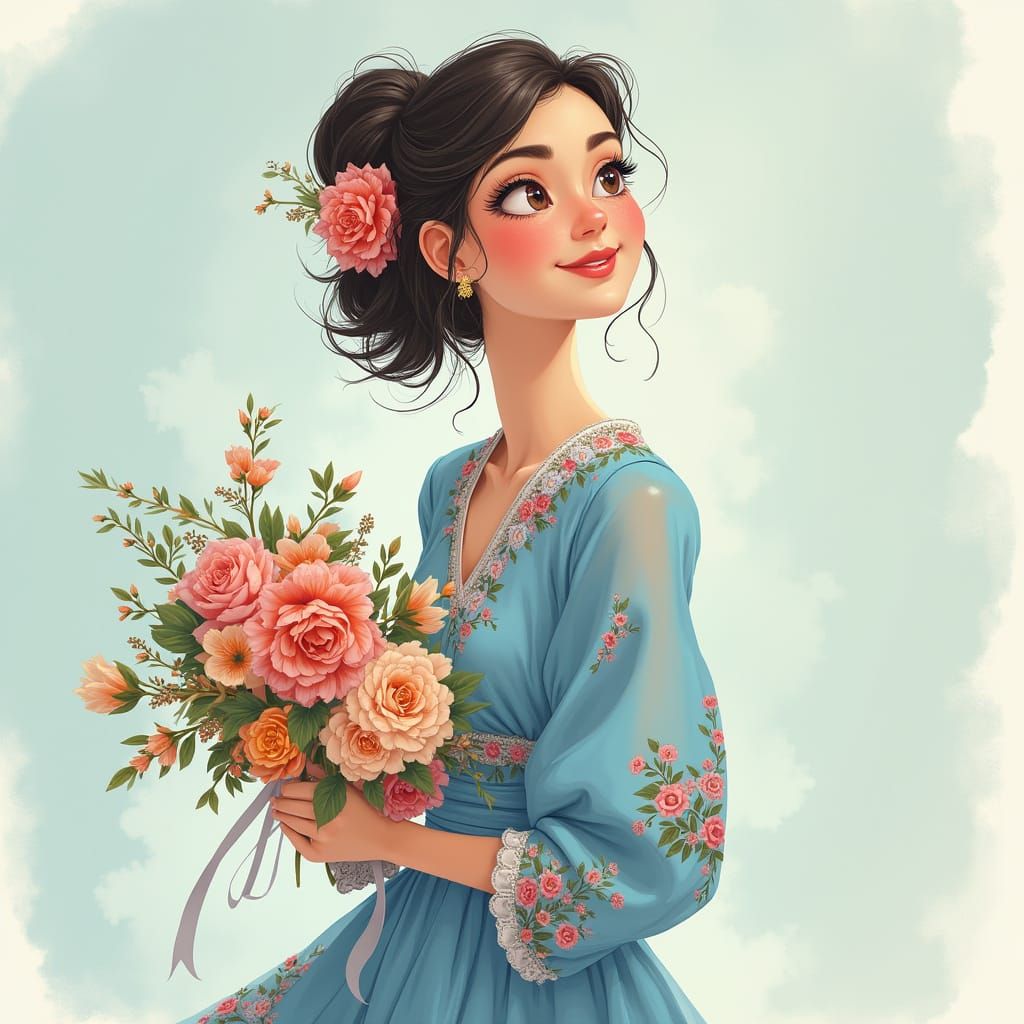 Elegant Woman with Flowers in Dreamlike Style