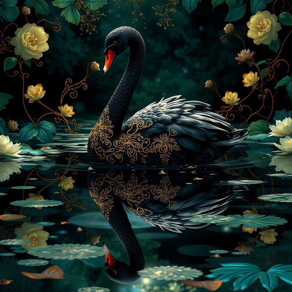 Ethereal Black Swan in Art Nouveau Style with Gold Filigree ...