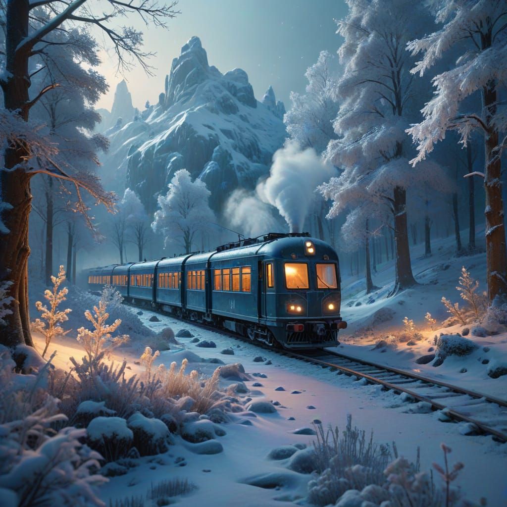 Winter Train Journey Through Snow-Covered Meadows and Forest...