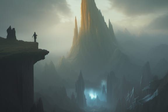 Dramatic Red Figure in Menacing Mountainscape