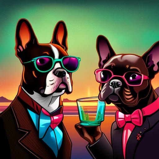 Dogs Drinking Whiskey in Neon Cigar Lounge