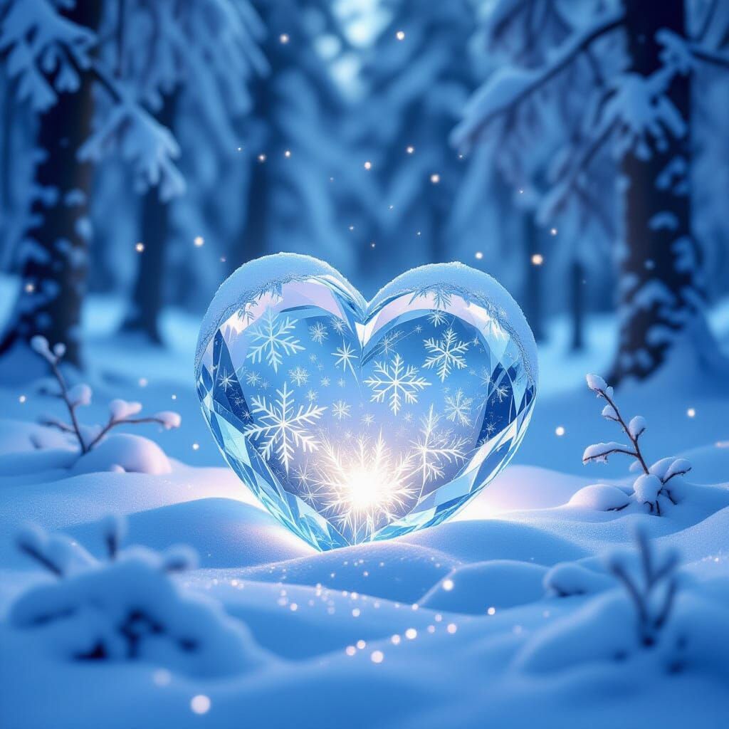 Crystalline Frost Heart in Snowy Forest