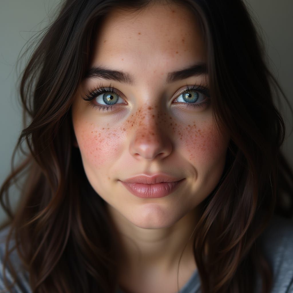 Young Woman's Realistic Portrait with Freckles and Hello Kit...