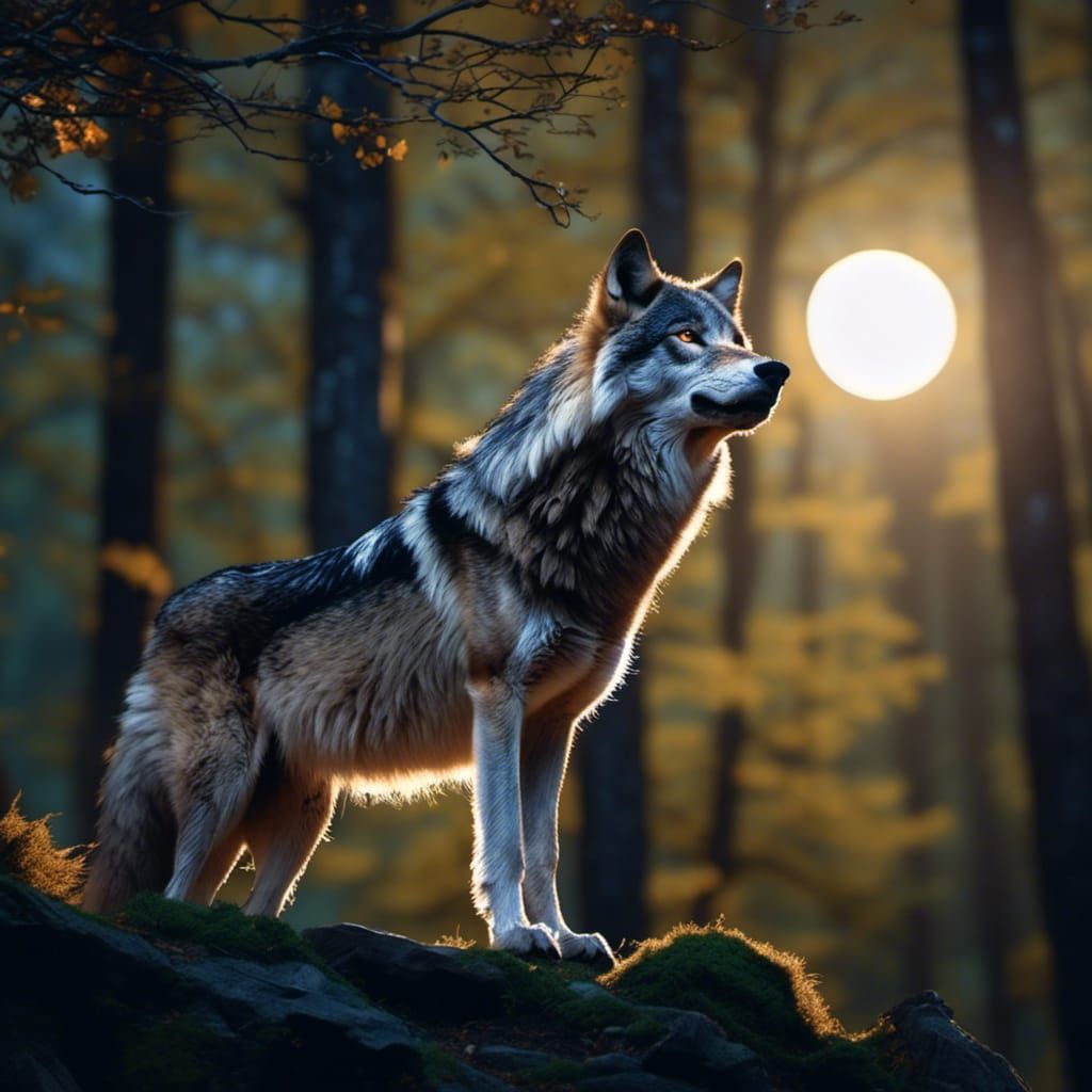 <lora:IntotheWoods:1.0> Photorealistic portrait of a Wolf ho...