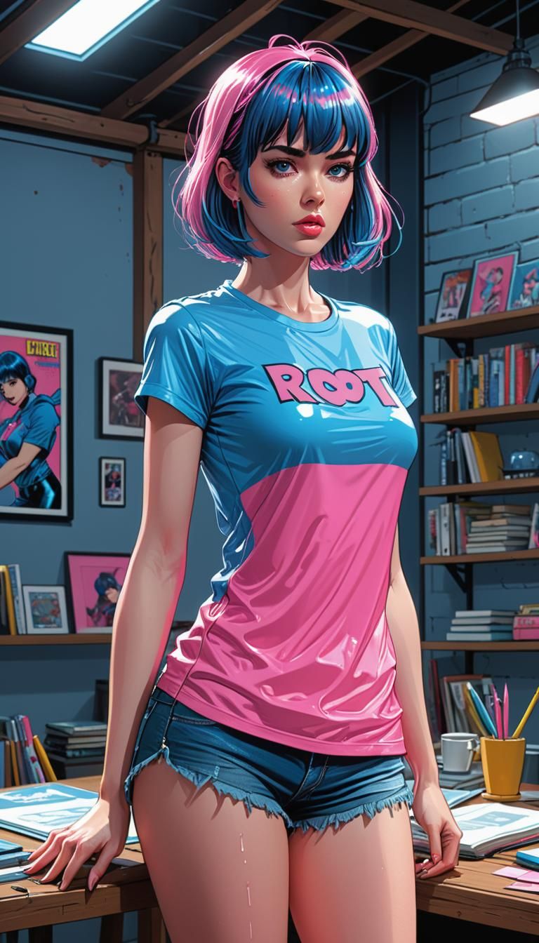 Woman in Wet T-Shirt: Detailed Comic Book Art