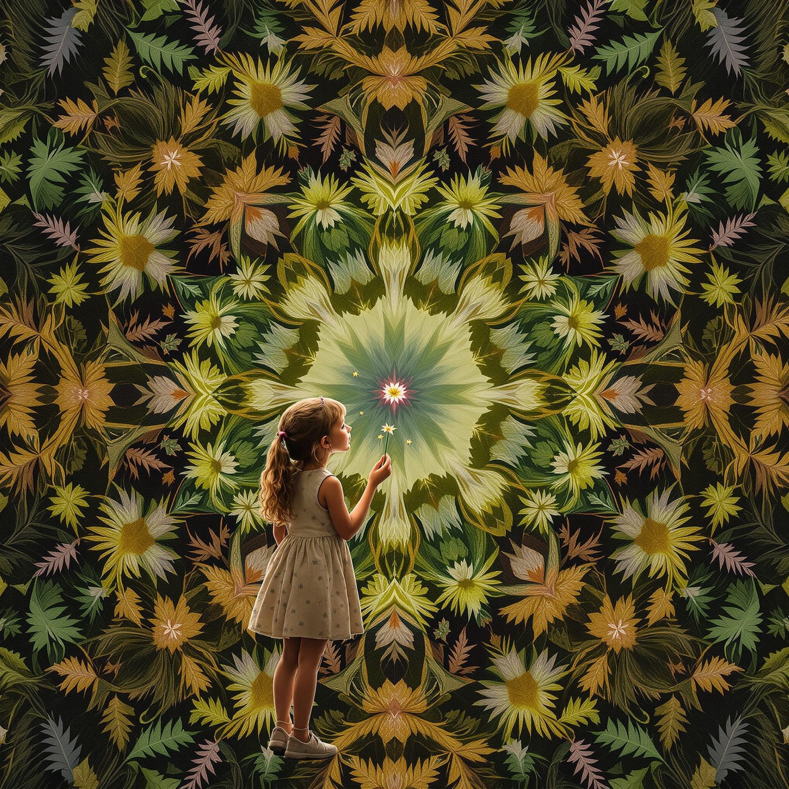 Girl Pondering Flowers in Kaleidoscopic Natural Patterns