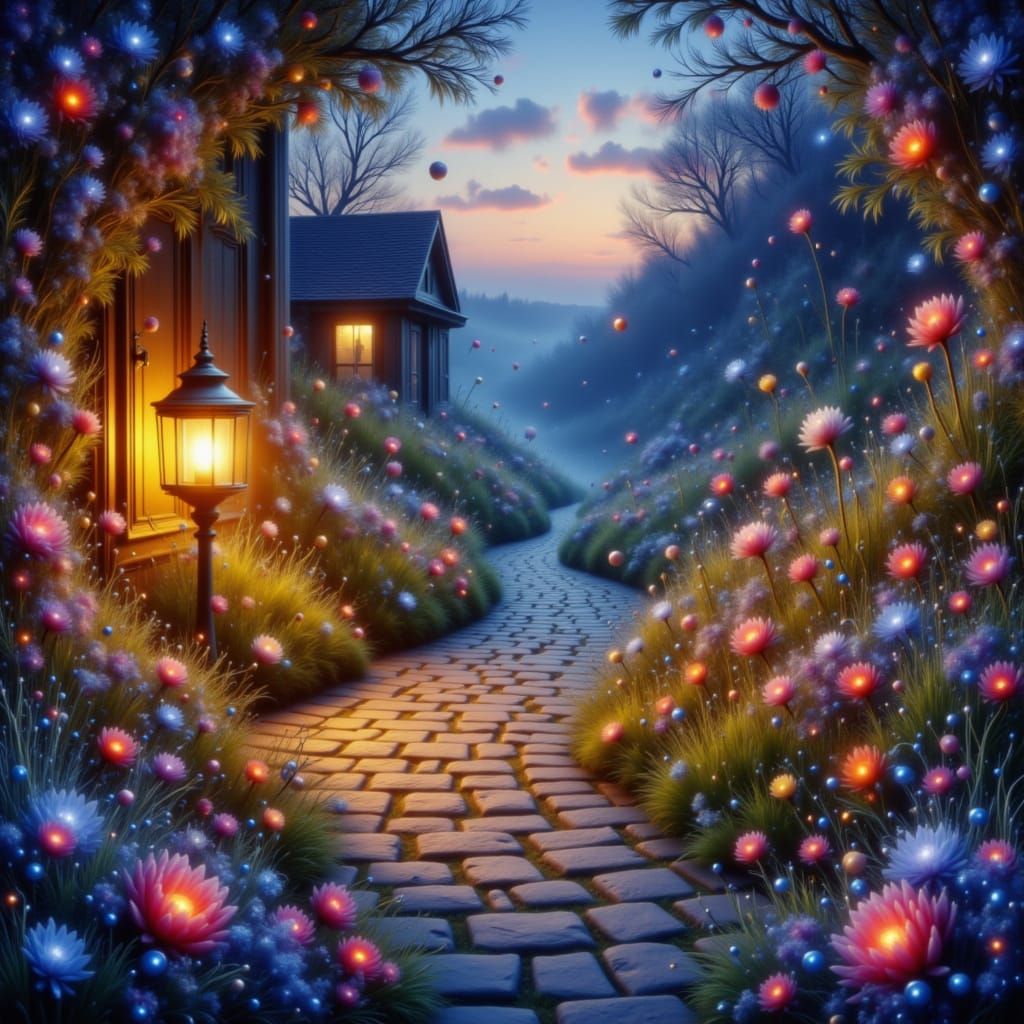 Lantern Glow on Cobblestone Path Amidst Wildflowers