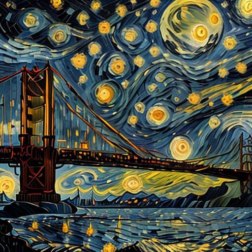 Golden Gate Bridge at Nightfall in Van Gogh Style
