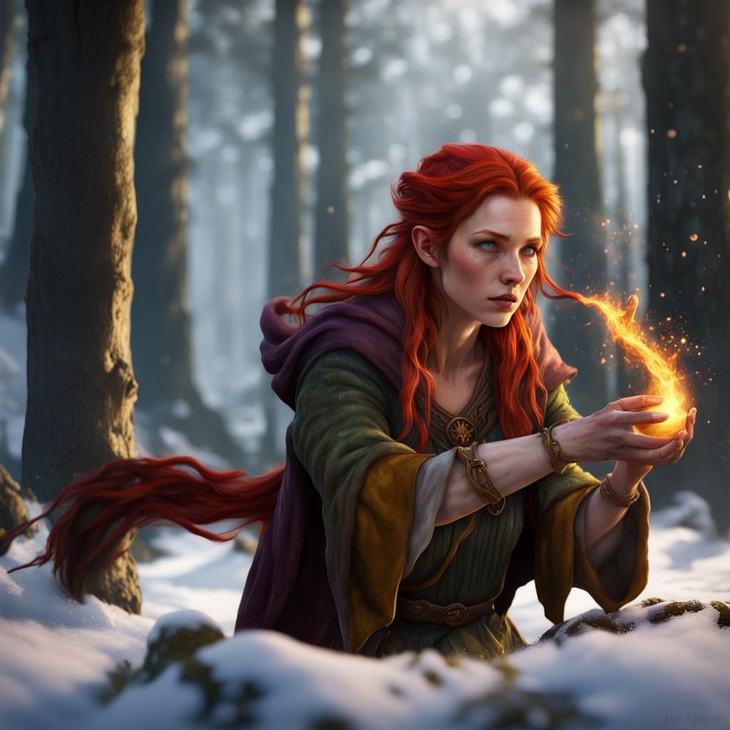 Hobbit Druid Casting Spell in Dark Fantasy Style