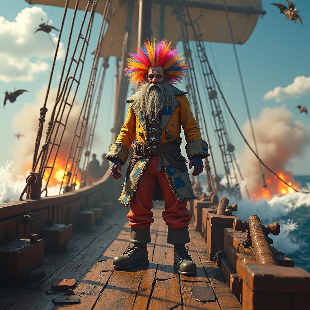 Clown Pirate Ship Under Fire, Digital Matte Painting