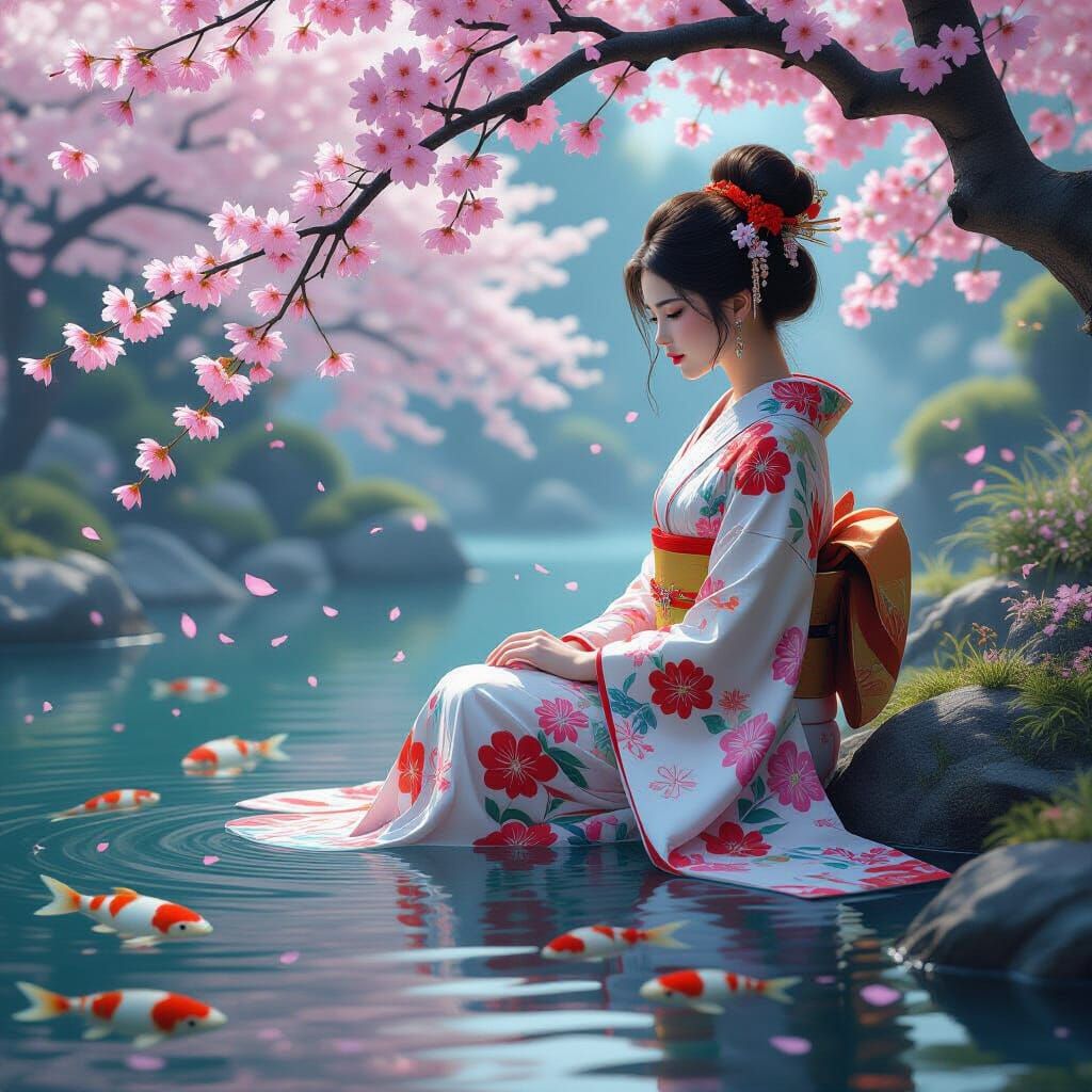 A serene scene features a woman in a floral kimono sitting b...