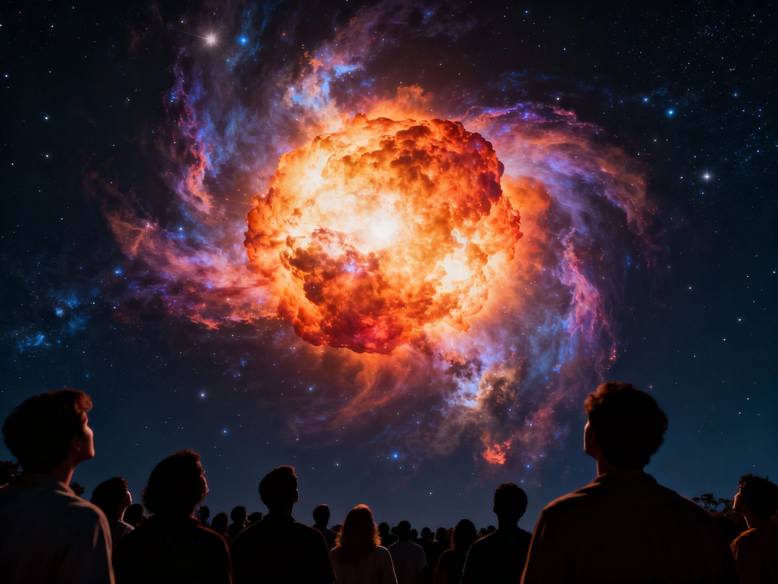 Supernova Illuminates Night Sky, Photorealistic Cosmic Scene