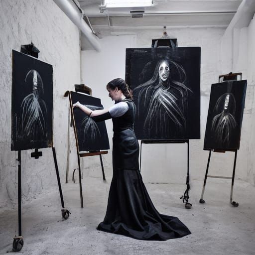 Gothic AI Artist Paints in Surreal Studio