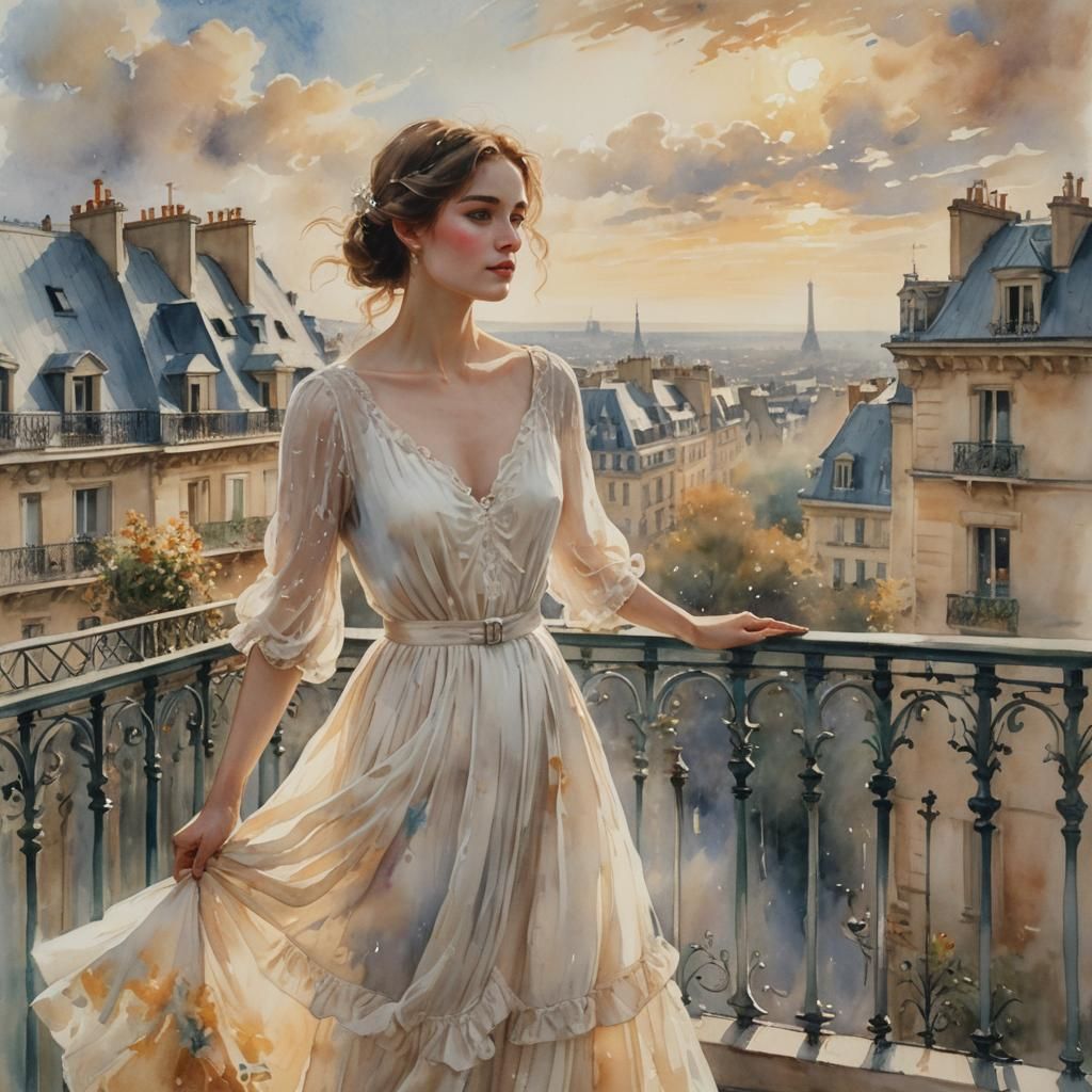 Woman on Balcony: Dreamy Watercolor in Impressionist Style