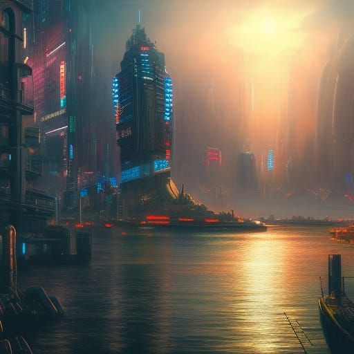 Cyberpunk Harbor: Detailed Matte Painting