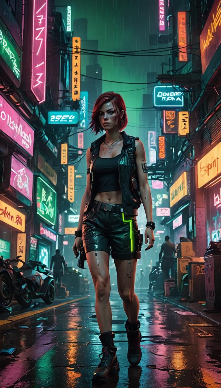 Cyberpunk Woman Emerges into a Futuristic City