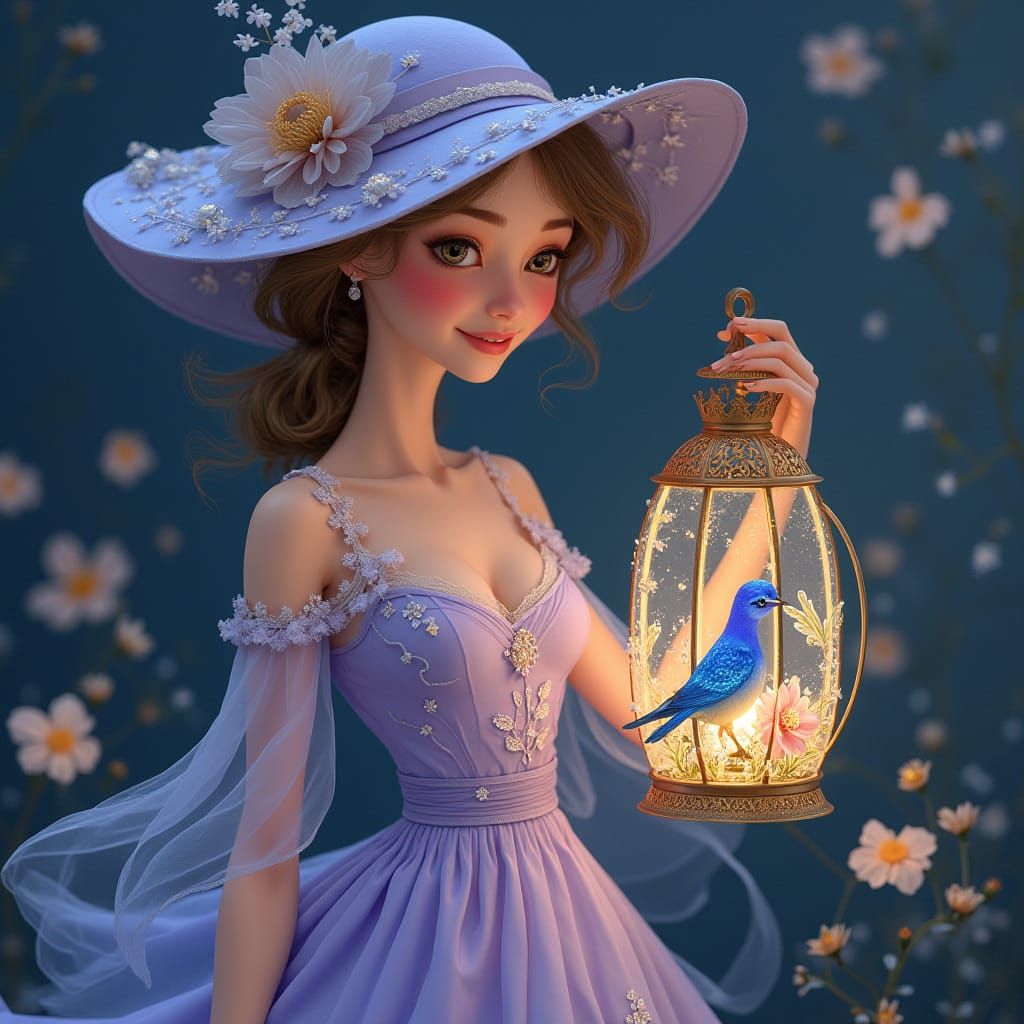 Elegant Woman with Lantern in Floral Alley