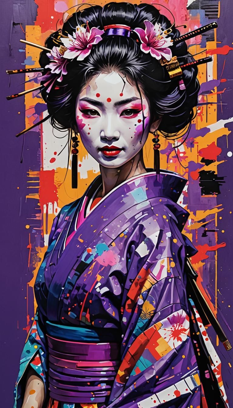 Smiling Geisha Samurai, small blood streaks on her face